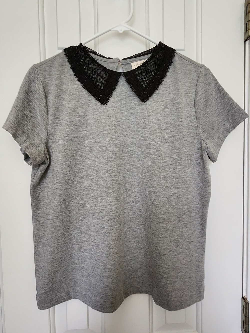 Maison Jules Gray Short Sleeve Top with Black Lace Pointed Collar